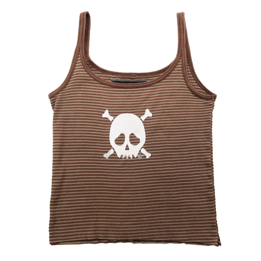 "Grim Skull" Brown Striped Tank Top - Small