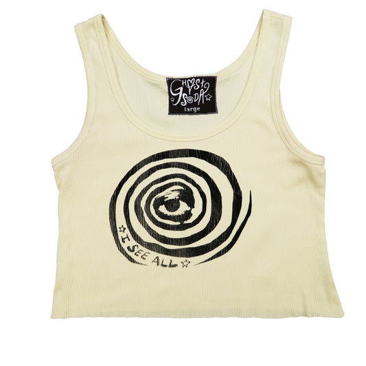 "I See All" (Eye Spiral) Yellow Ribbed Crop Top - Large