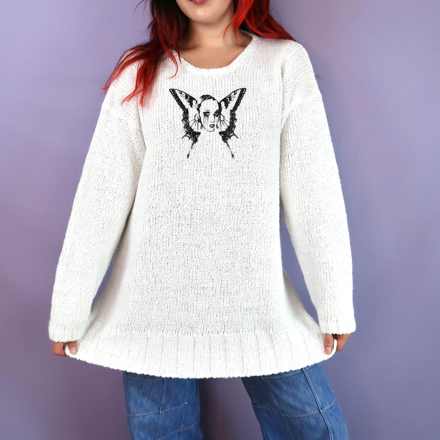 "Weeping Butterfly" White Sweater - Medium