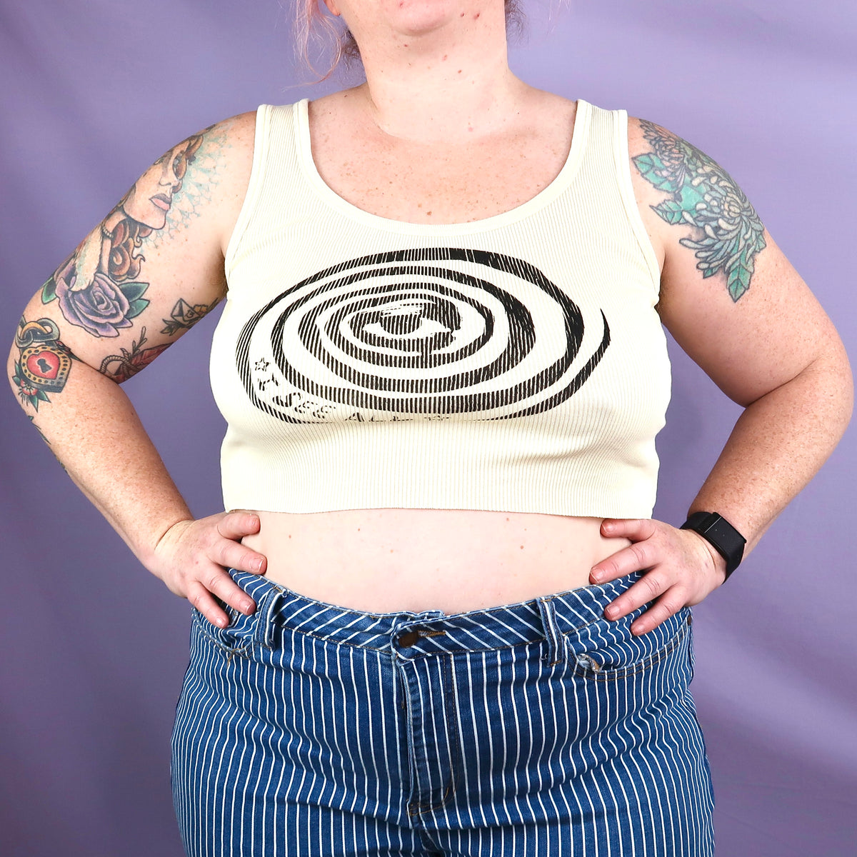 "I See All" (Eye Spiral) Yellow Ribbed Crop Top - Large