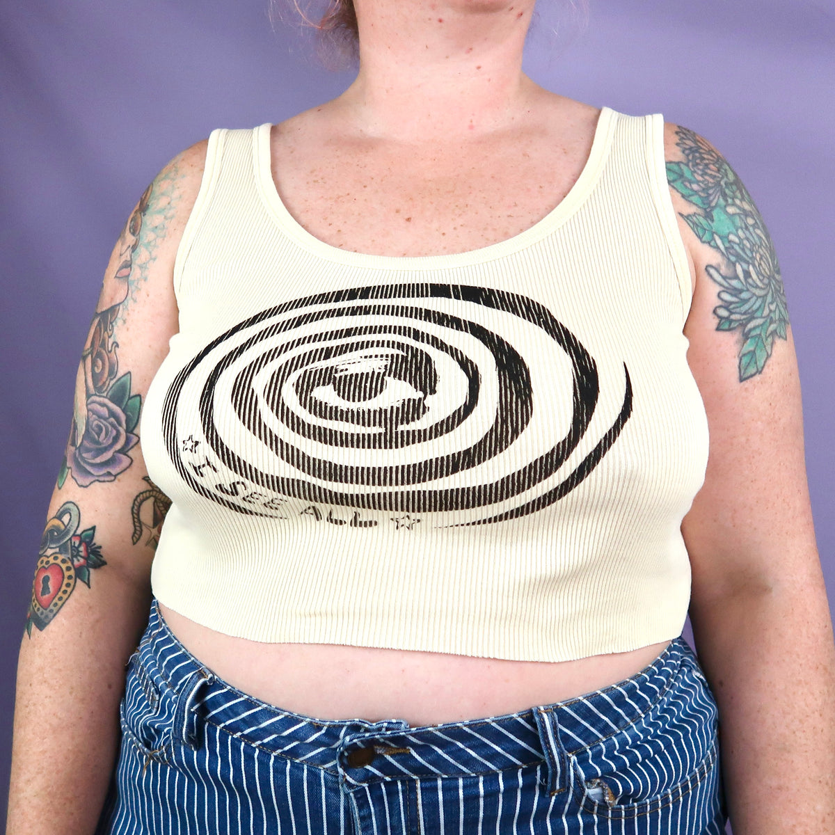 "I See All" (Eye Spiral) Yellow Ribbed Crop Top - Large