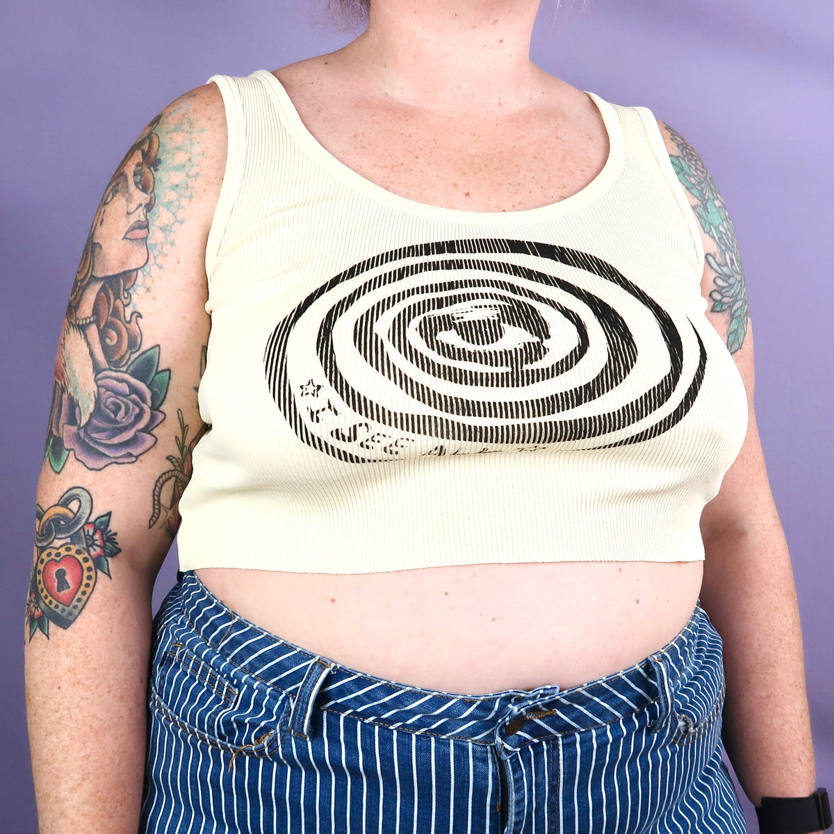 "I See All" (Eye Spiral) Yellow Ribbed Crop Top - Large