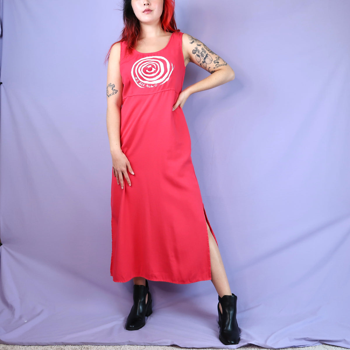"I See All" (Eye Spiral) Red Maxi Dress - Medium
