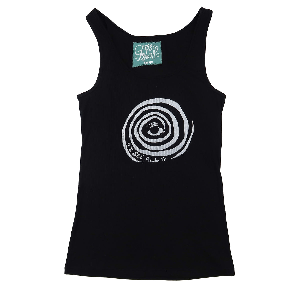 "I See All" Black Ribbed Tank Top - Large