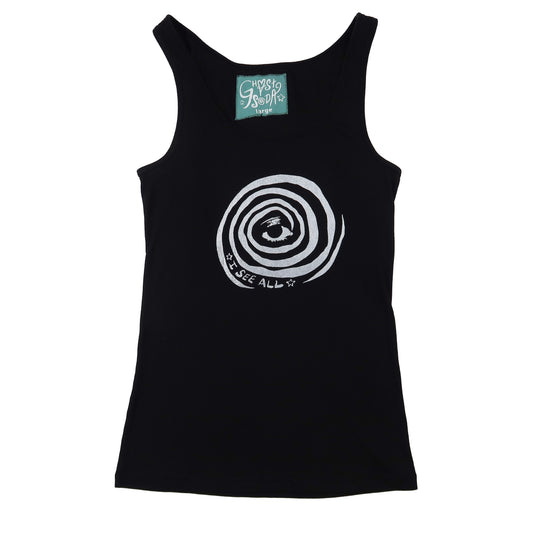"I See All" Black Ribbed Tank Top - Large