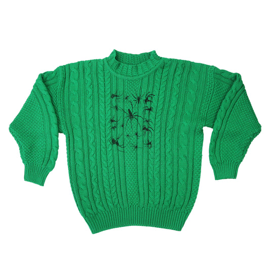 "I Love Spiders" Green Cable Knit Sweater - Medium