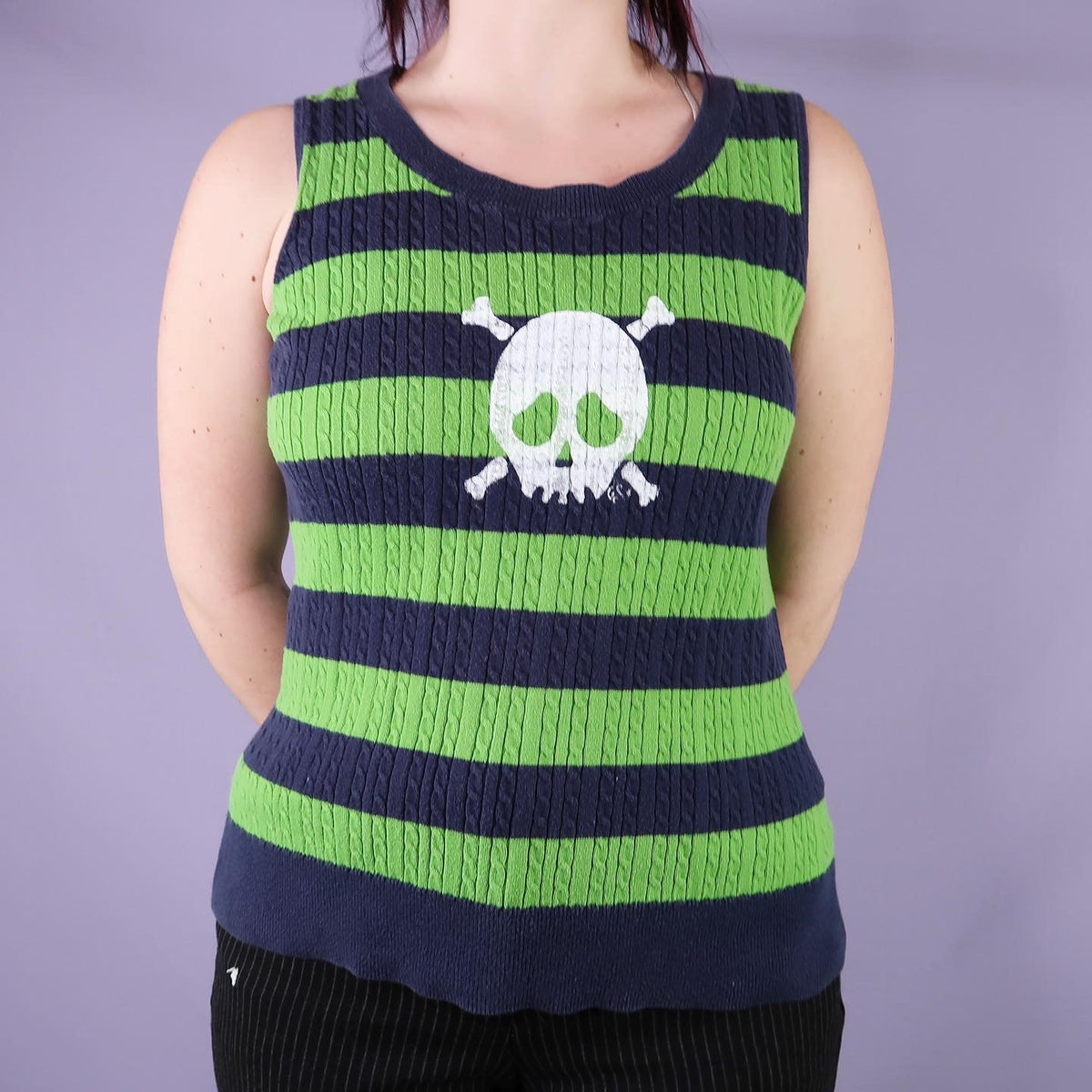 "Grim Skull" Navy and Green Striped Sweater Vest - Medium
