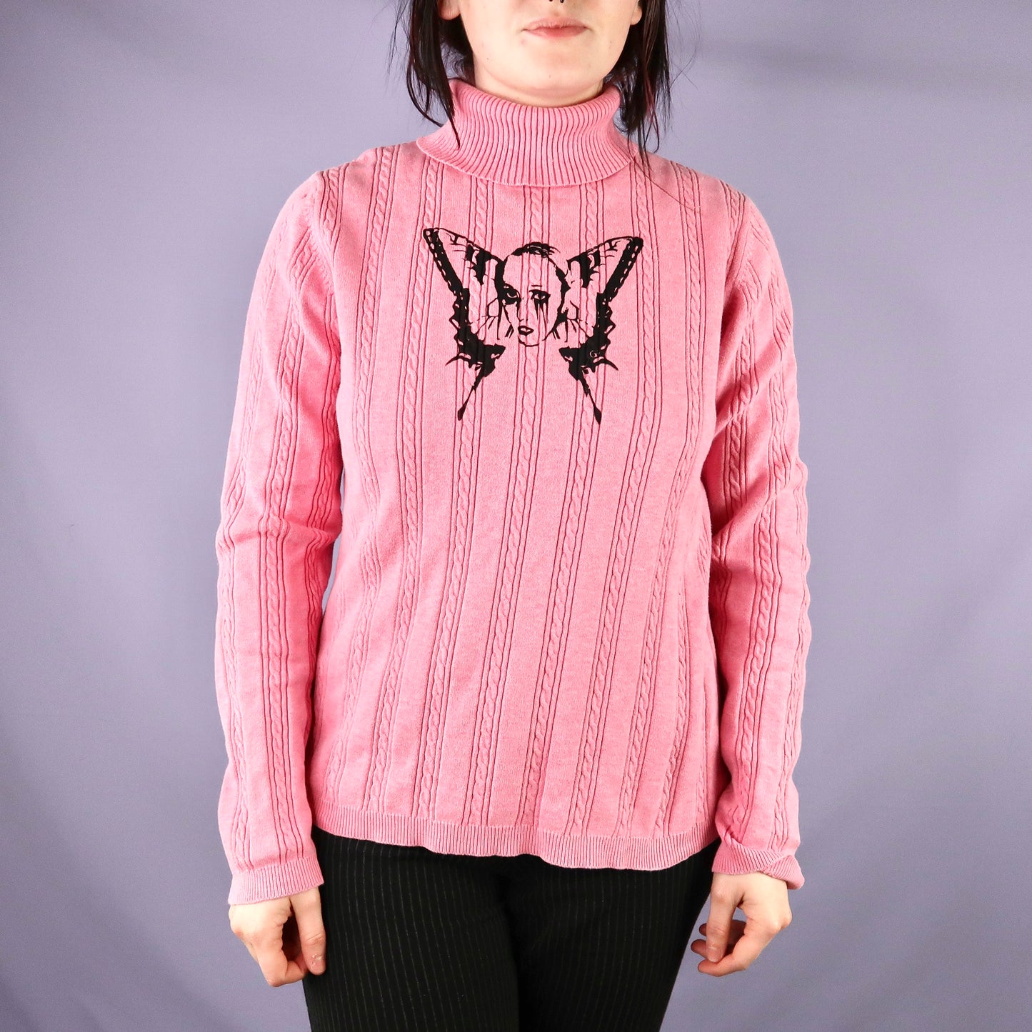 "Weeping Butterfly" Pink Knit Turtleneck - Medium