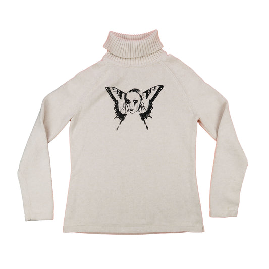 "Weeping Butterfly" Cream Turtleneck Sweater - Medium