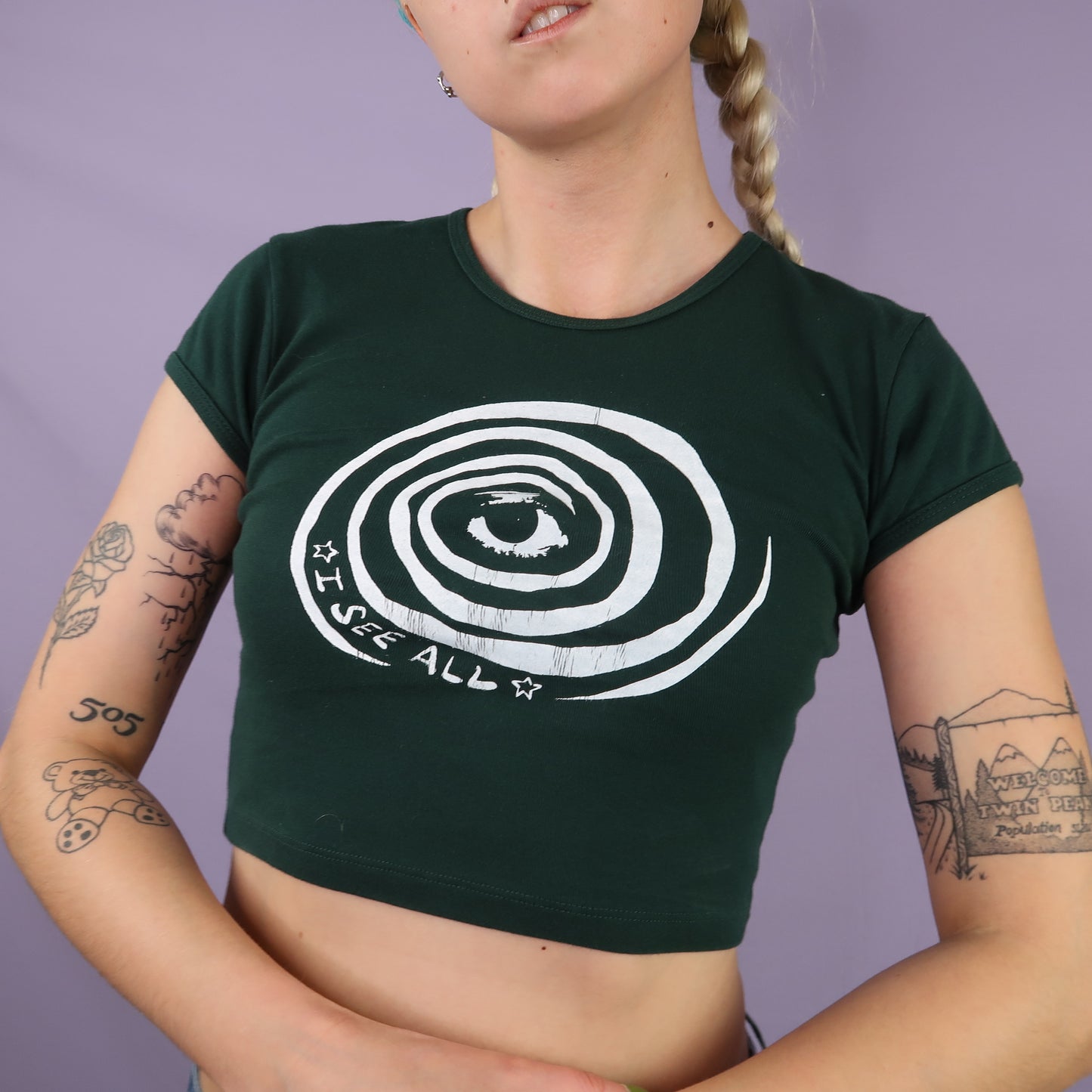 "I See All (Eye Spiral)" Forest Green Baby Tee - Small
