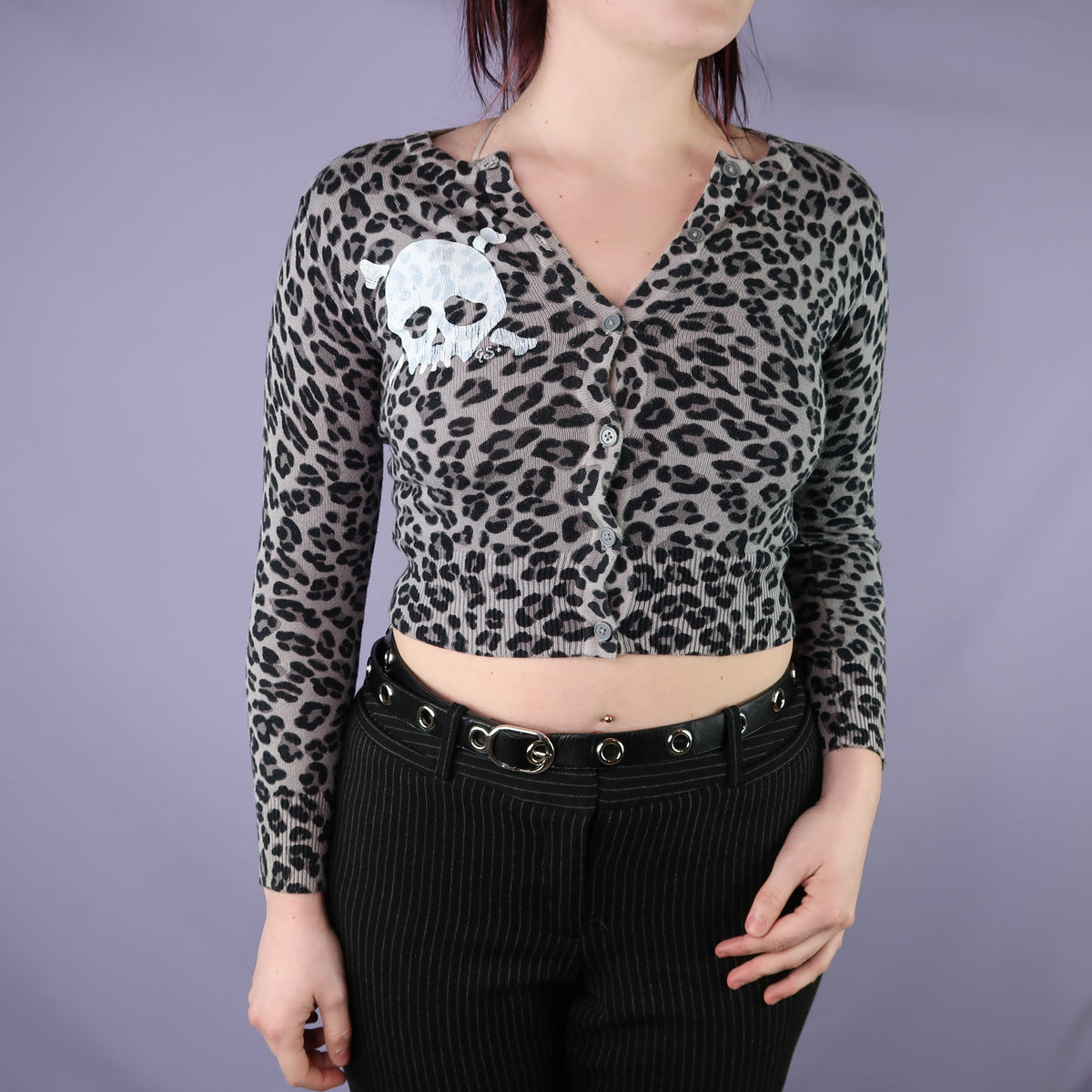 "Grim Skull" Cheetah Print Cardigan Top - XS