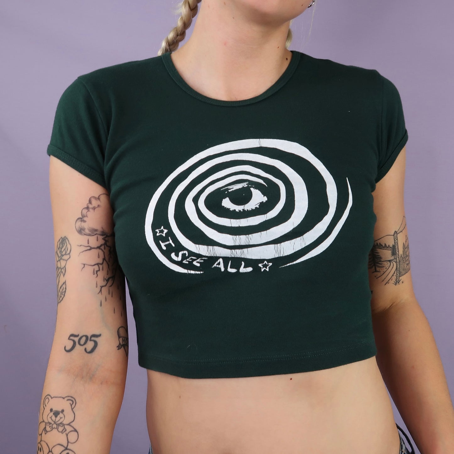 "I See All (Eye Spiral)" Forest Green Baby Tee - Small