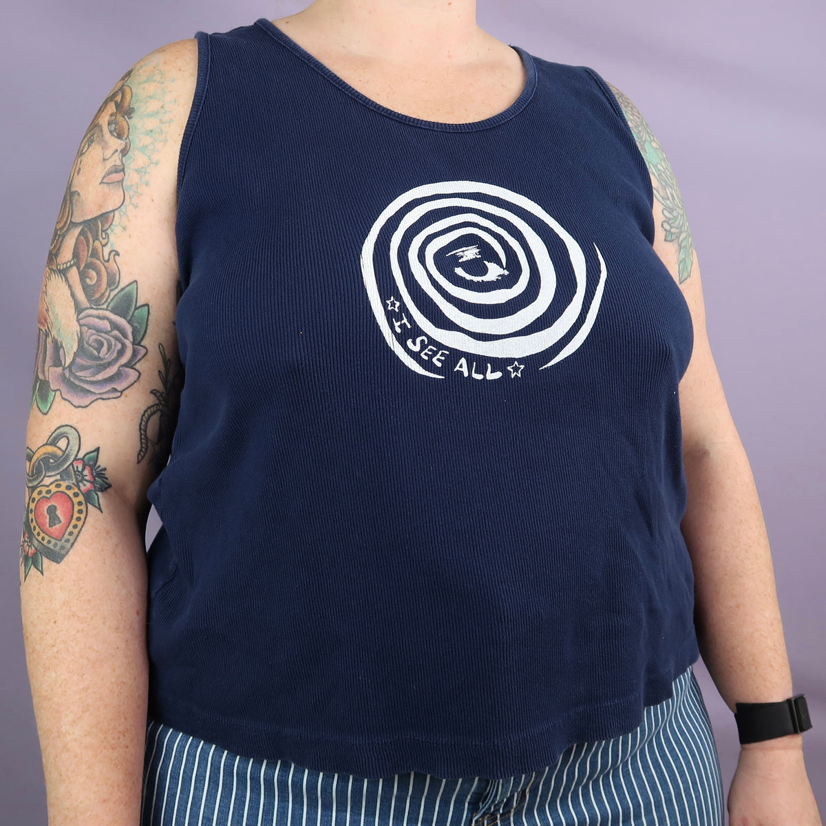 "I See All" (Eye Spiral) Navy Blue Ribbed Tank Top - XXXL