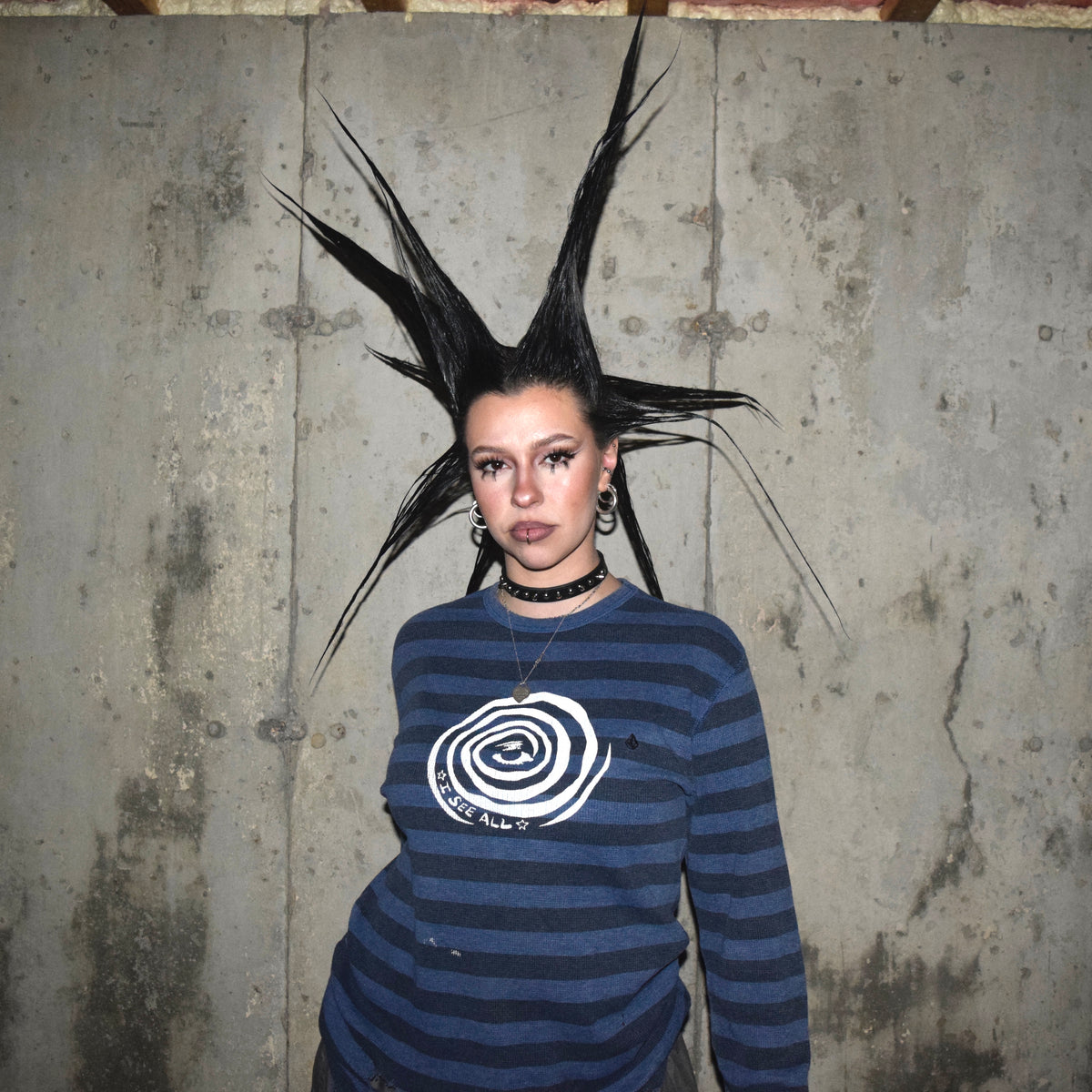 "I See All" (Eye Spiral) Blue Striped Thermal Long Sleeve - Large