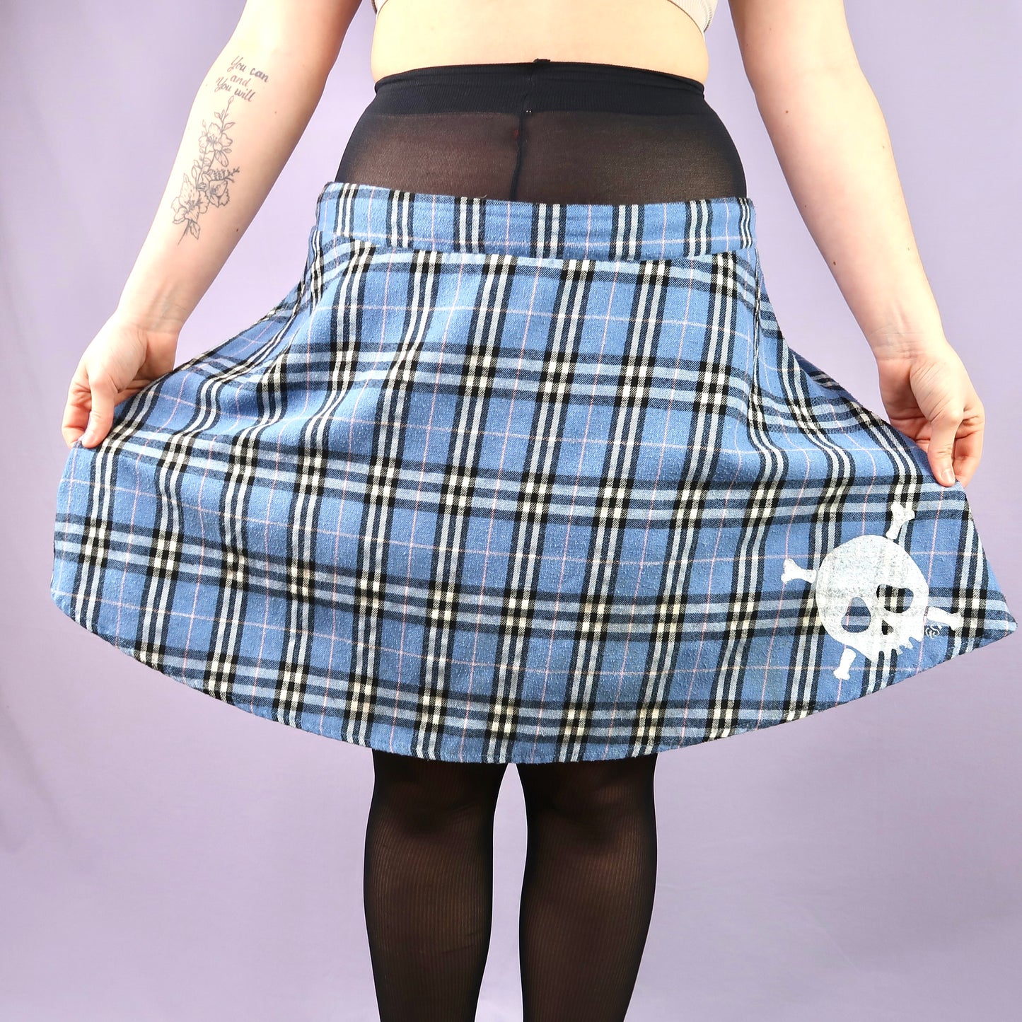 "Grim Skull" Blue Plaid Skirt - Large