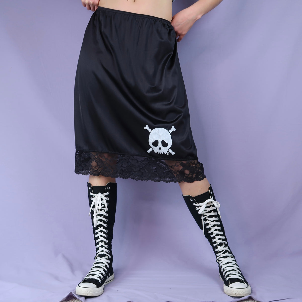 "Grim Skull" Black Lace Slip Skirt - Large