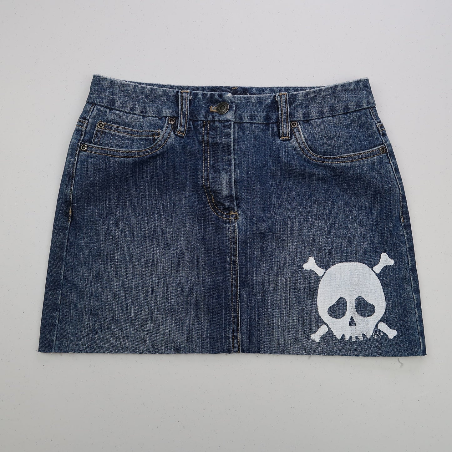 "Grim Skull" Medium Wash Denim Skirt - Small