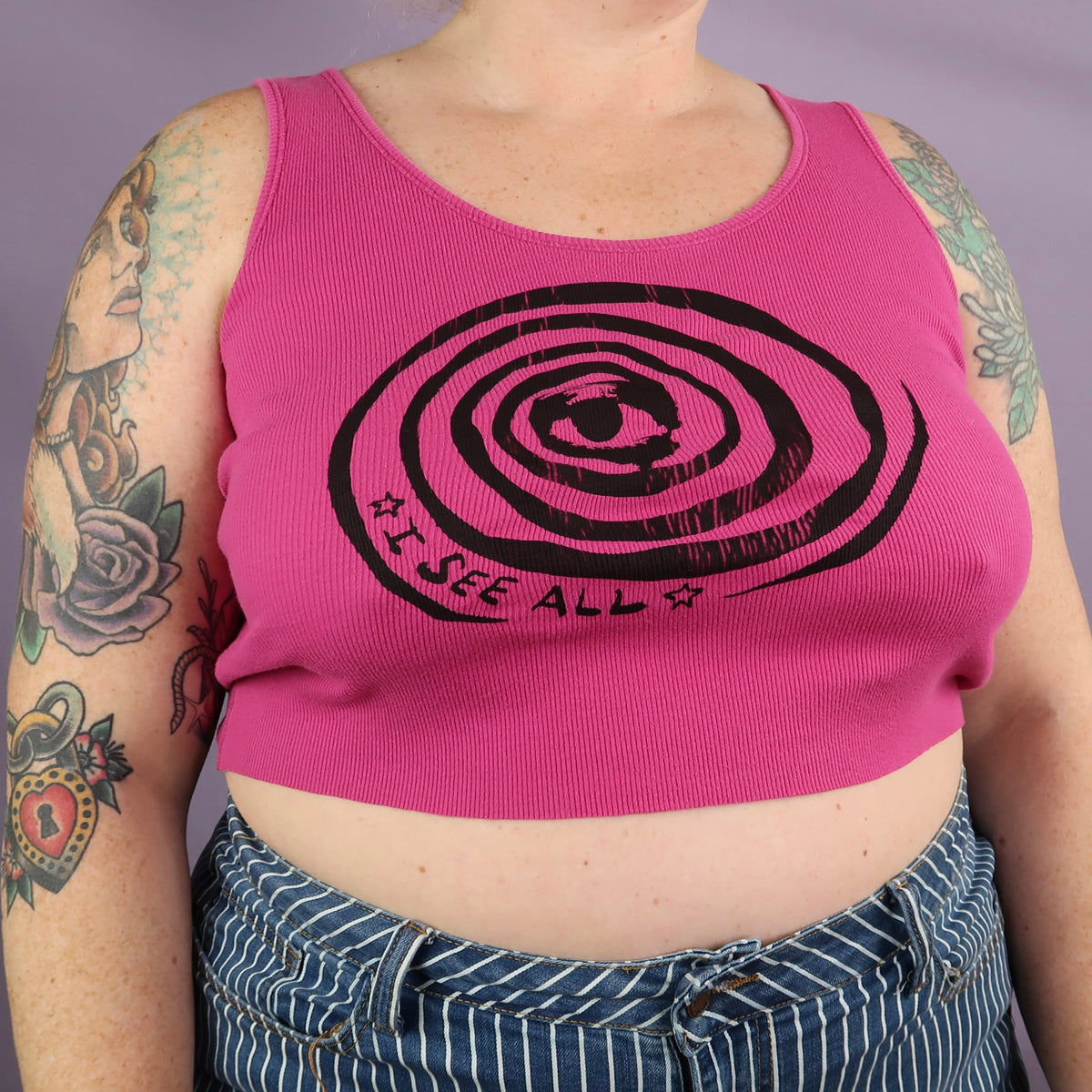 "I See All" (Eye Spiral) Magenta Crop Top - XL
