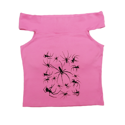 "I Love Spiders" Pink Over-the-Shoulder Top - Medium