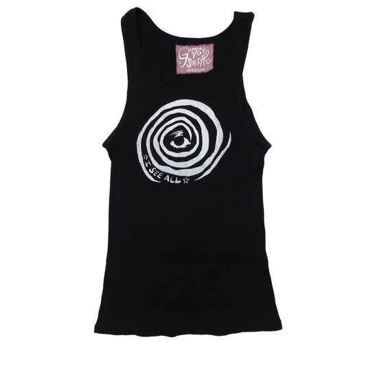 "I See All" (Eye Spiral) Black Ribbed Tank Top- Medium